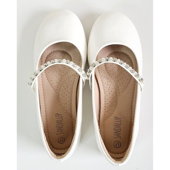 Girls White Patent Leather Ballet Flats Sandalup With Rhinestone Strap Size 1 - Picture 2 of 12